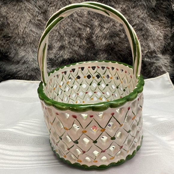 Vintage Ceramic Reticulated Basket, Handmade in Portugal White & Green - Picture 5 of 16
